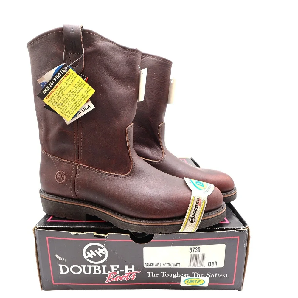 Vintage Double-H Boots Mens 13 D Brown Leather AG7 Ranchwell EH Boots 3730 NWB